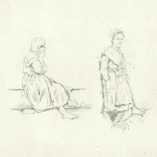 Vintage Old Pencil Drawing of Figures, Peasant and Baby image 3