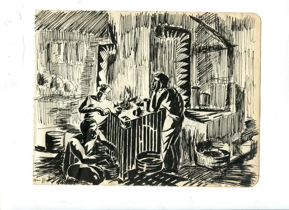 Vintage Ink Drawing Original Men Working and Drinking image 3