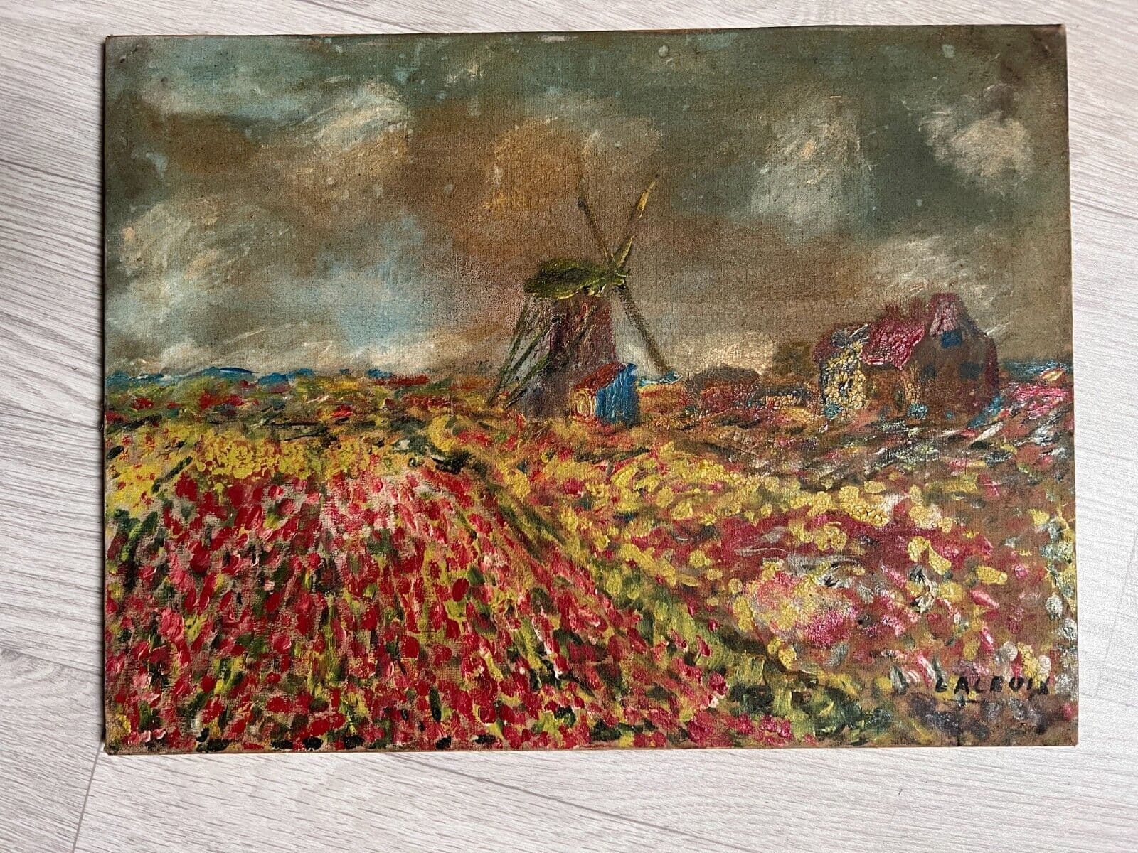 Antique Old Painting signed Mill Flowers Fields Landscape Floral image 2