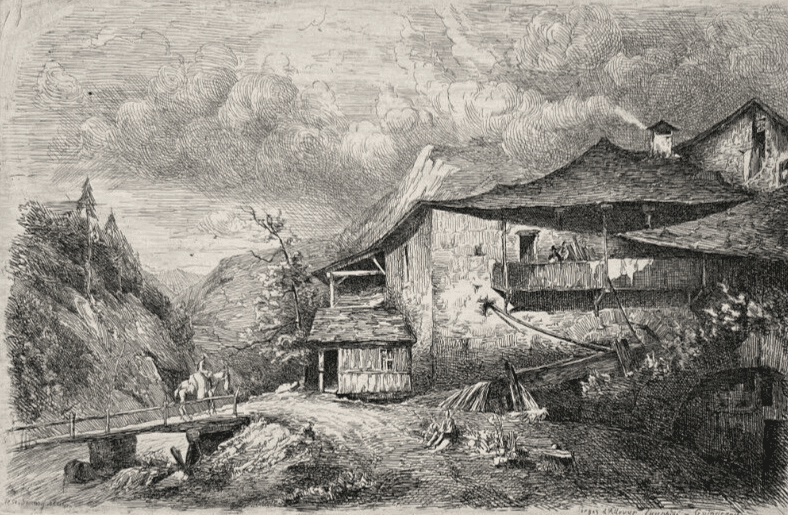 Antique Etching Original Landscape, Forges d'Allevard Dauphine, House, People image 1