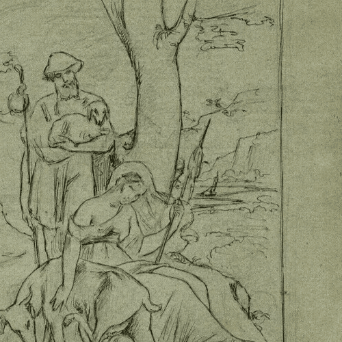 Antique Ink Original Drawing 19th century Religious Scene Figures, Goat and Kid image 3