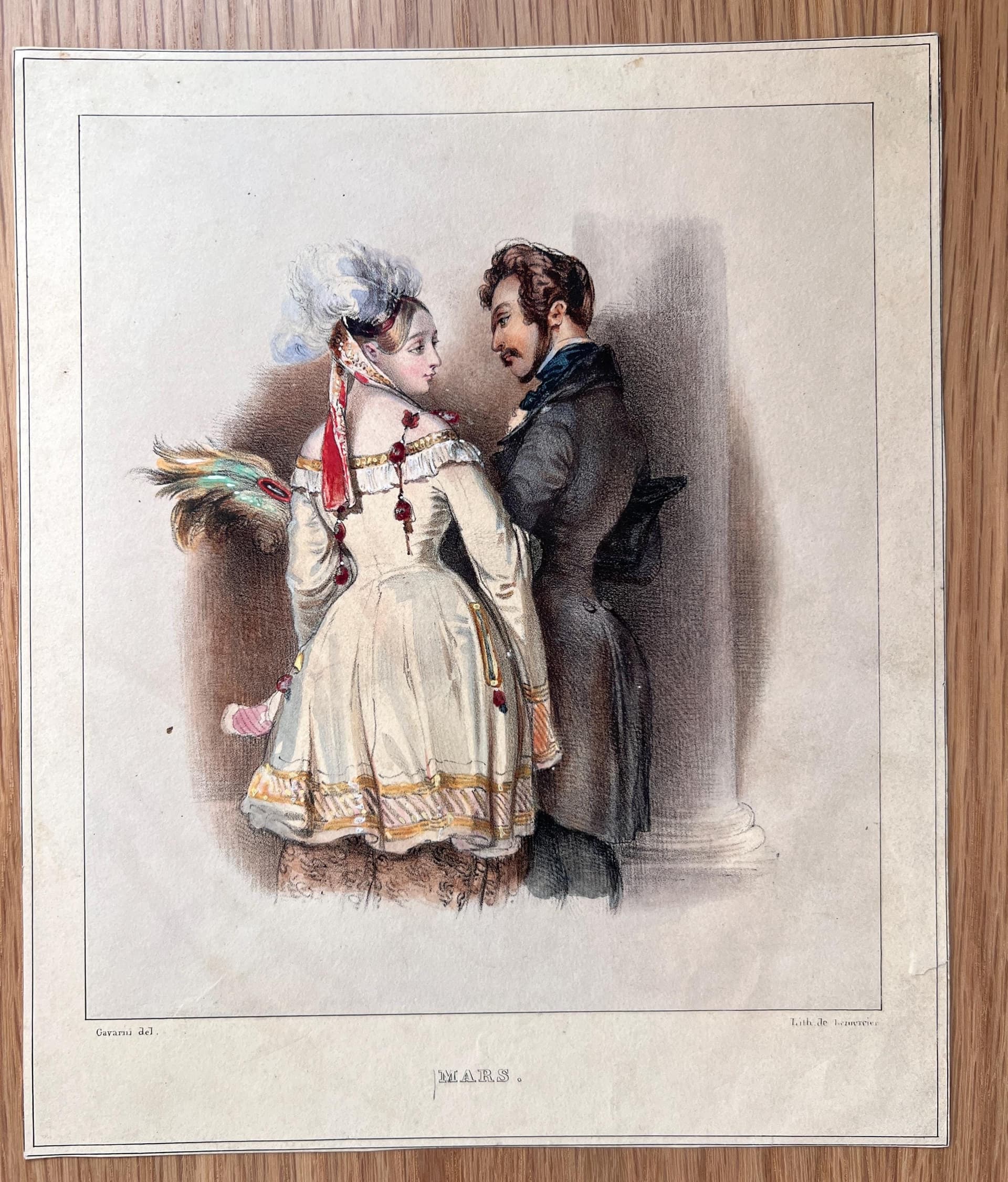 Charming Vintage Lithograph: March Courting Scene