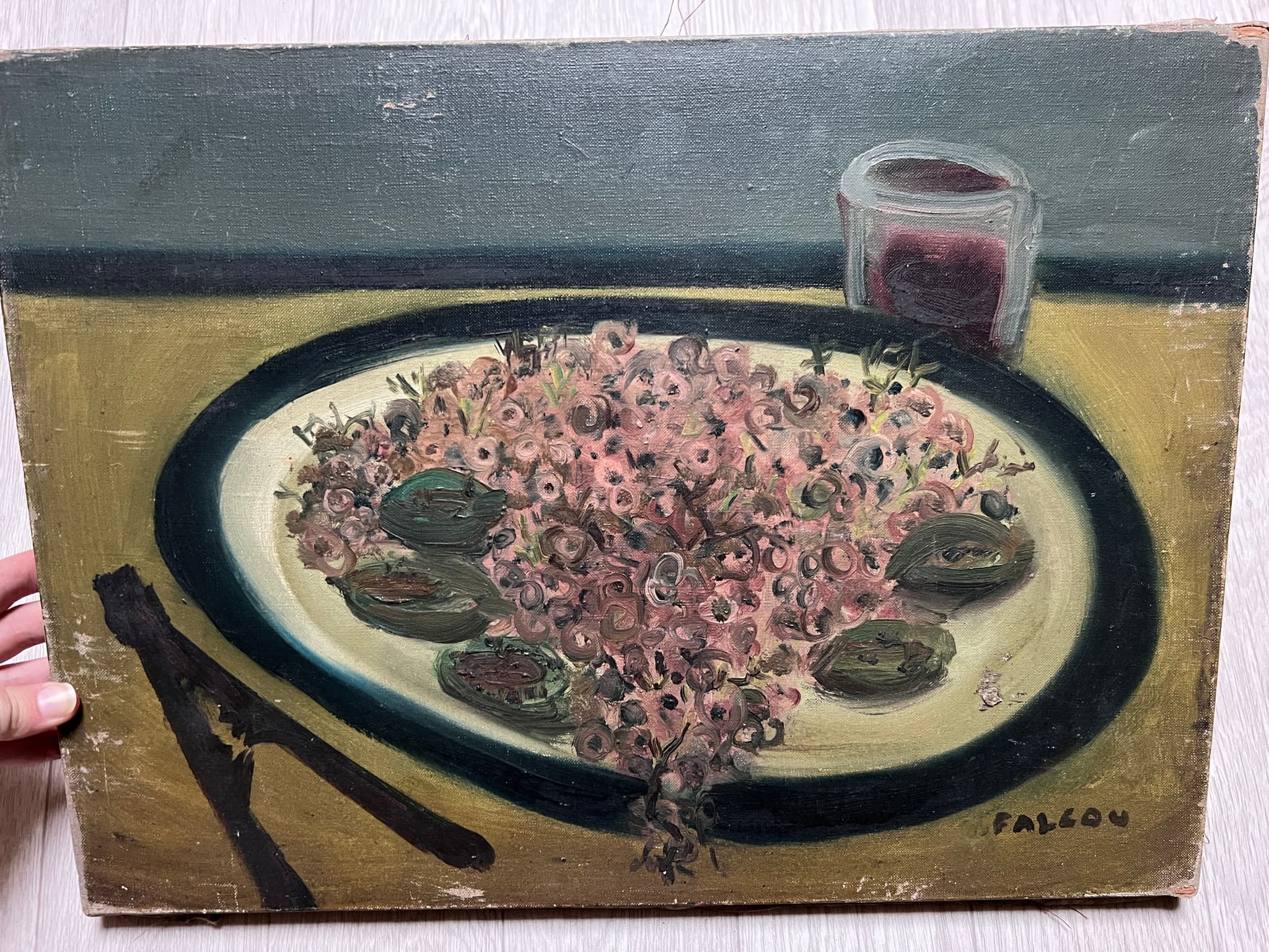 Painting Still Life Flower Plate and Wine Glass image 3