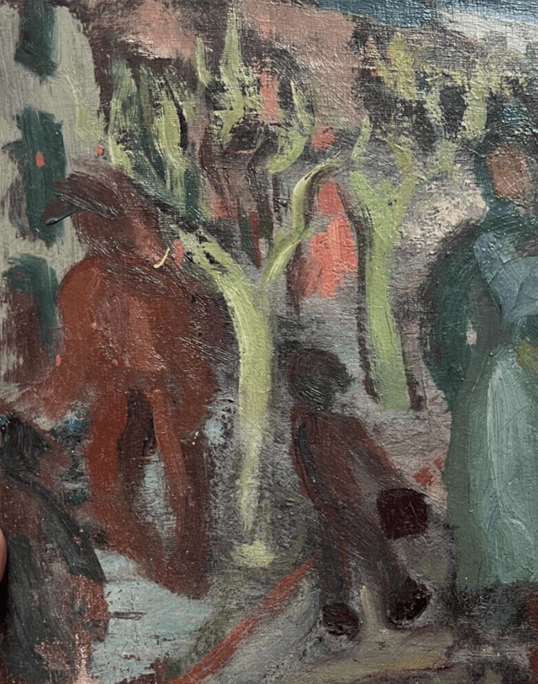 Antique Original Painting People, Cityview, Life Scene, Buildings c. 1920 image 4