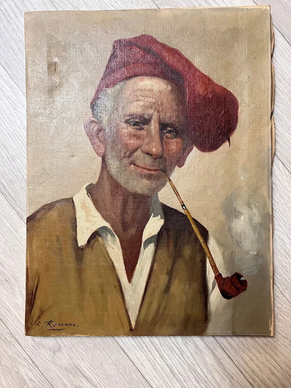 Antique Original Painting canvas signed Man Portrait with Pipe image 6