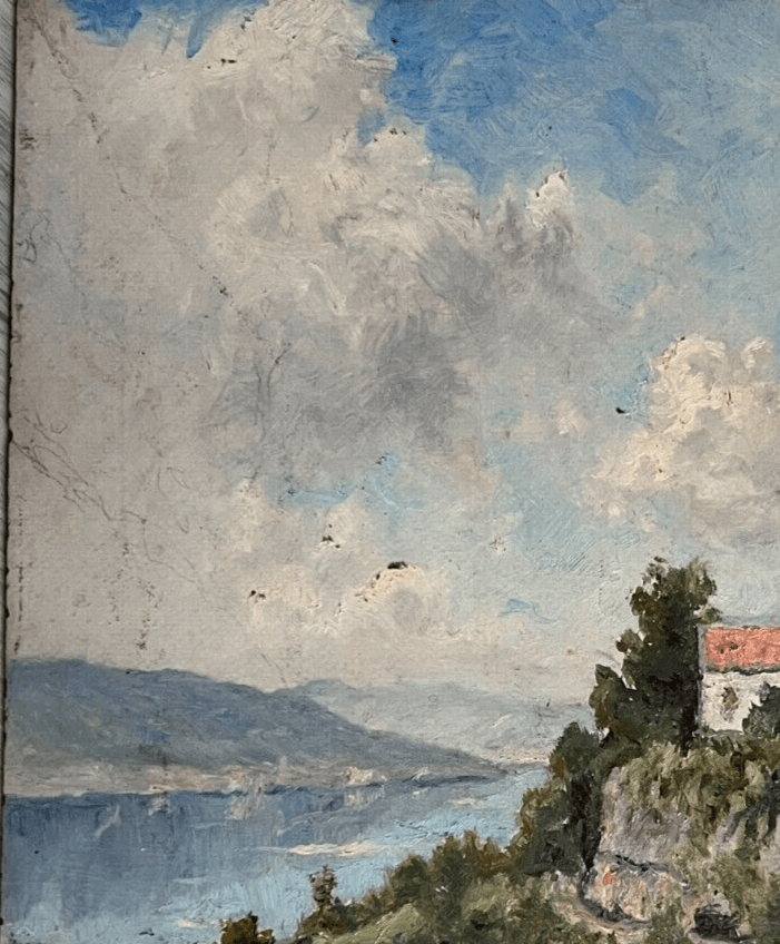 Antique Oil Vintage Original Painting Landscape Mountain Village, Lake image 3