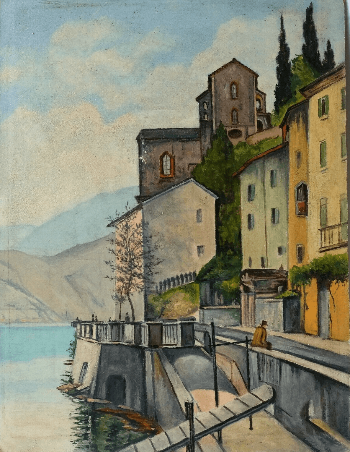 Antique Oil Painting Canvas Village Landscape, Lake, Italy, Mountain image 1