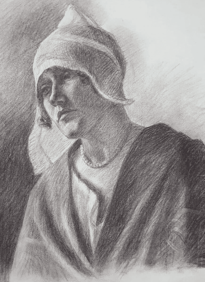 Antique Charcoal Original Old Drawing Woman Portrait with Hat c. 1910 image 1