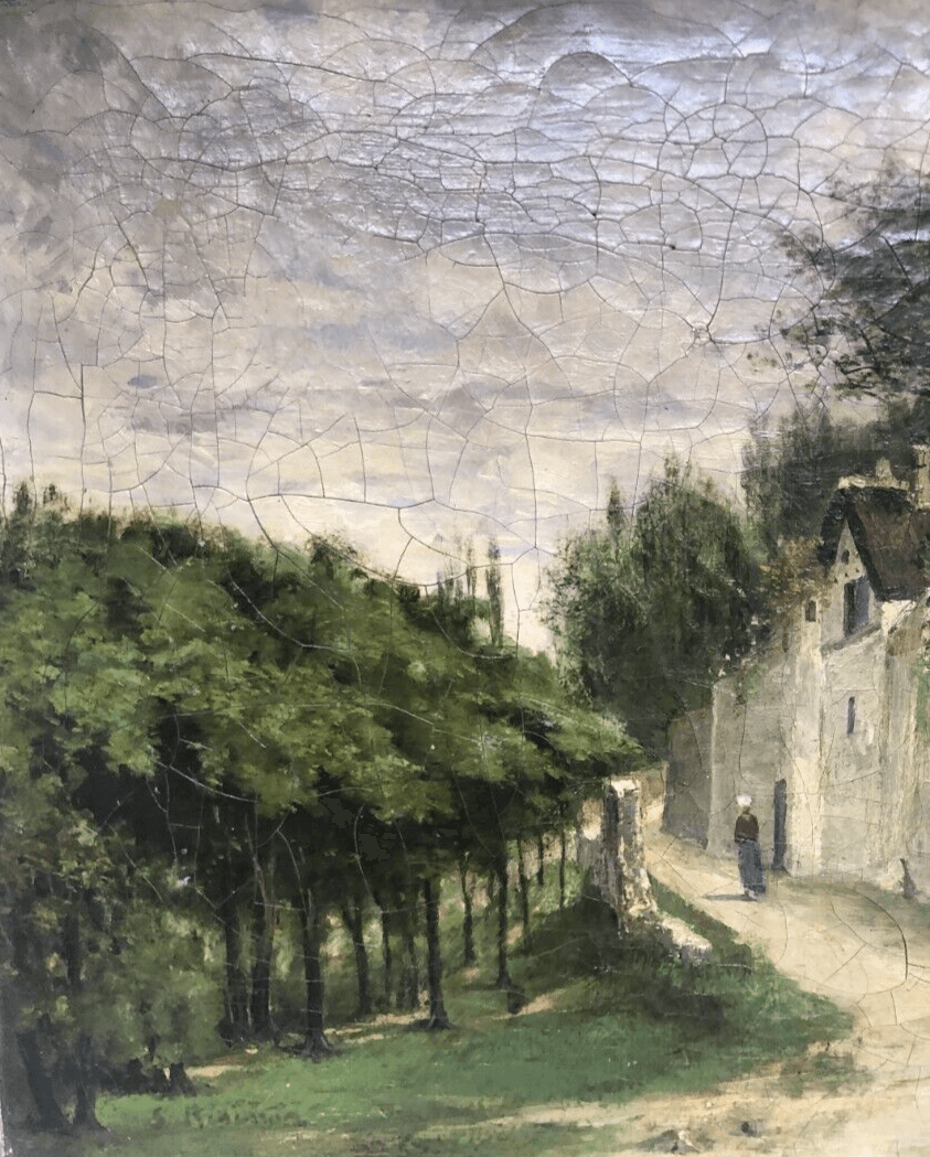 Antique Original Painting Cityscape Woman Village, Trees signed 19th century image 2