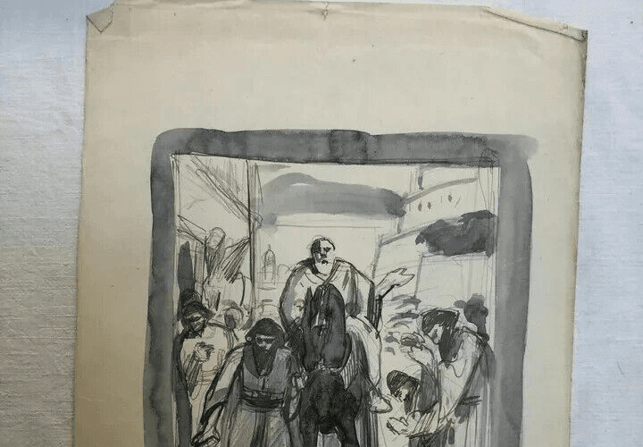 Antique Ink Original Drawing Original Man on Horse, Orientalist Figures image 4