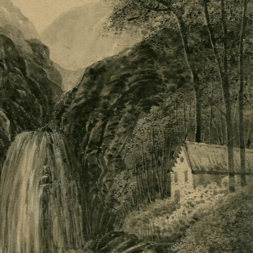 Antique Ink Original Drawing Waterfall, Landscape, Trees image 2