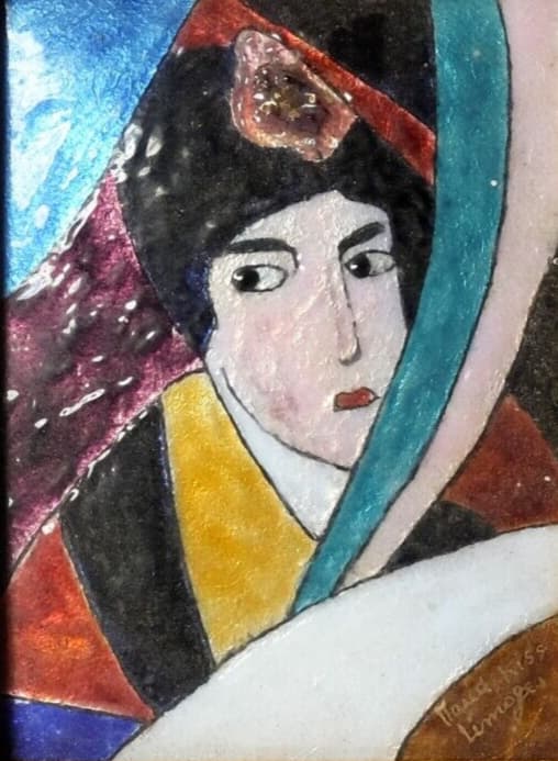 Antique Original Painting Japanese Woman Portrait, Enamel Framed image 2
