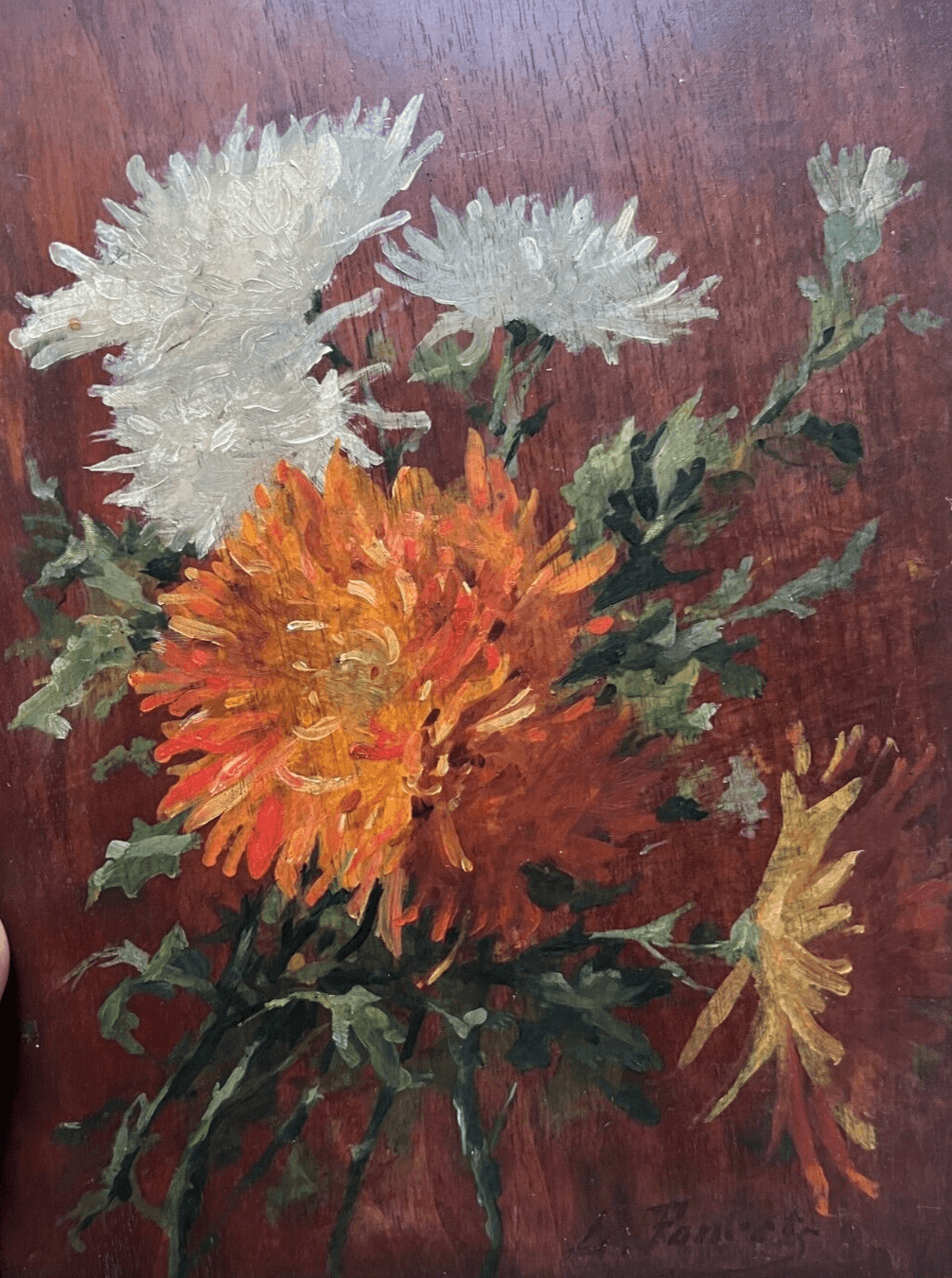 Antique Painting Original by Léopold PONCET (1868-1935) Aster Bouquet
