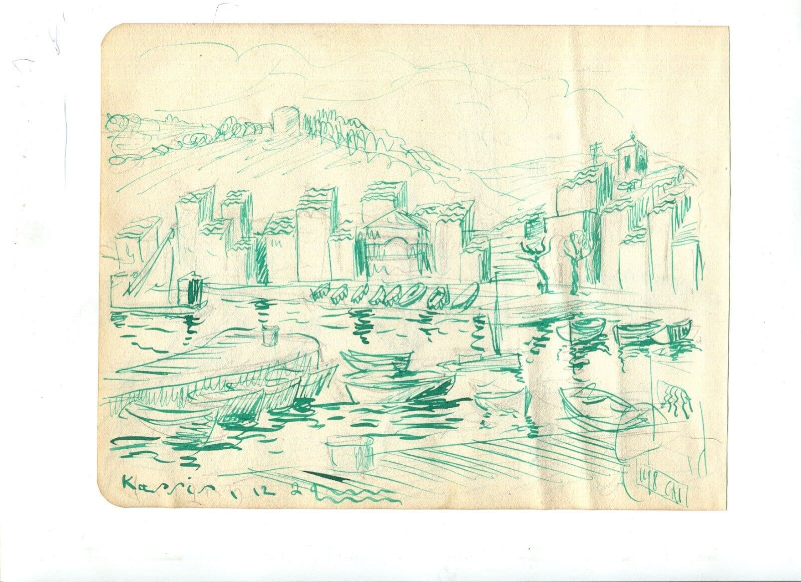 Vintage Ink Drawing Maritime Village by Sea Landscape and Boats c. 1929 image 6