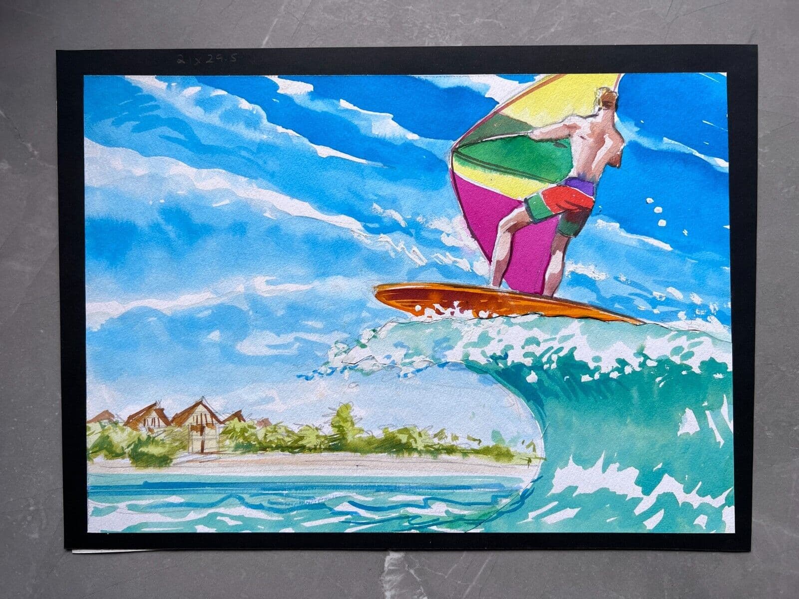 Vintage Ink Original Drawing Man Surfing, Sea, Holidays, Vacation image 6