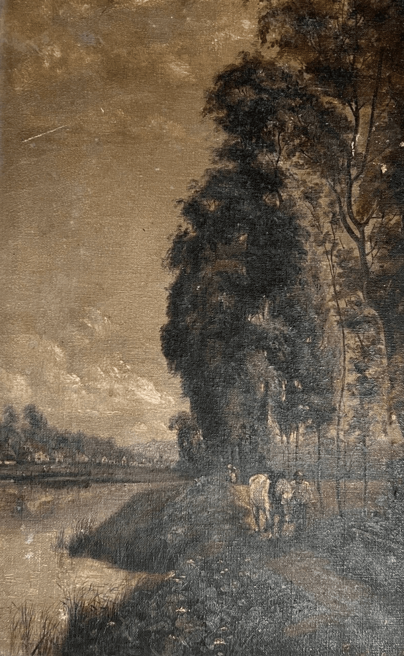 Antique Oil Original Painting River Landscape, Man with Horse, Trees, Loing image 3