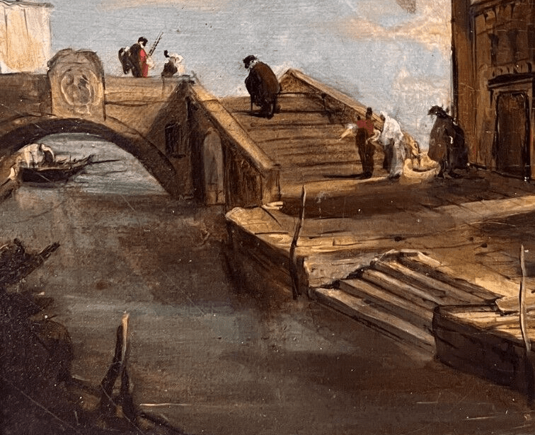 Antique Painting Original Cityview, Venice, Bridge Vecchio, People after Guardi image 4