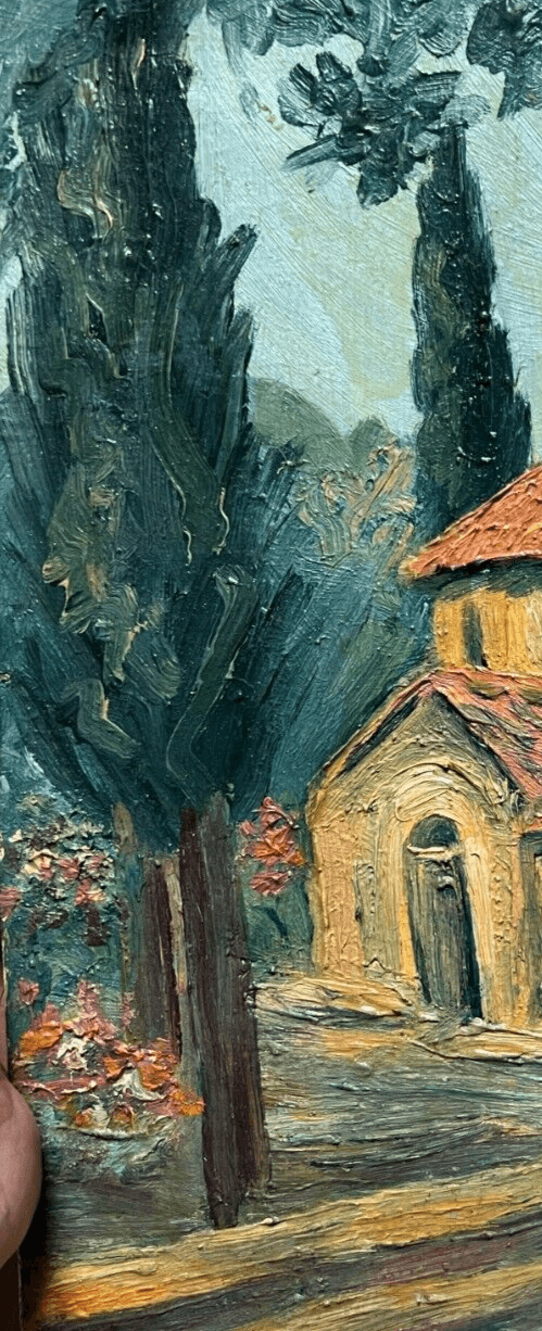 Antique Painting Original Landscape, Church, Byzantine Orthodox Architecture image 5