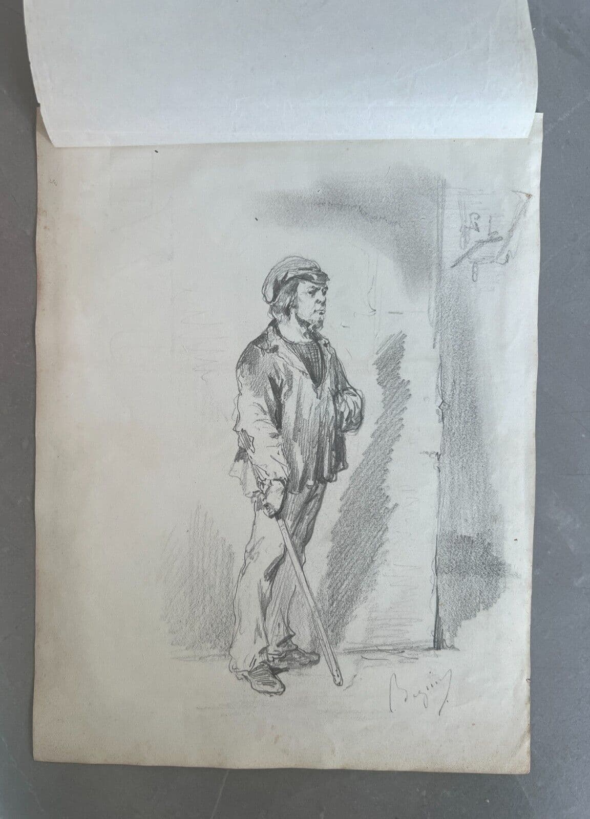 Antique Original Drawing 19th century Man Portrait with Stick signed image 5