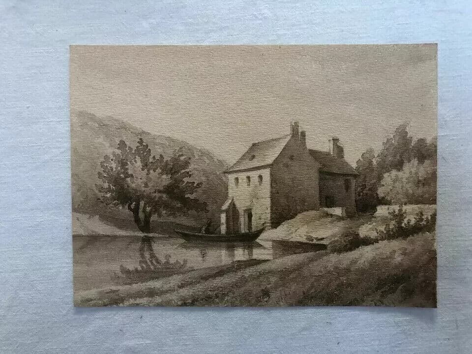 Antique Ink Drawing House Landscape, Boat  and Figures 1862 image 5