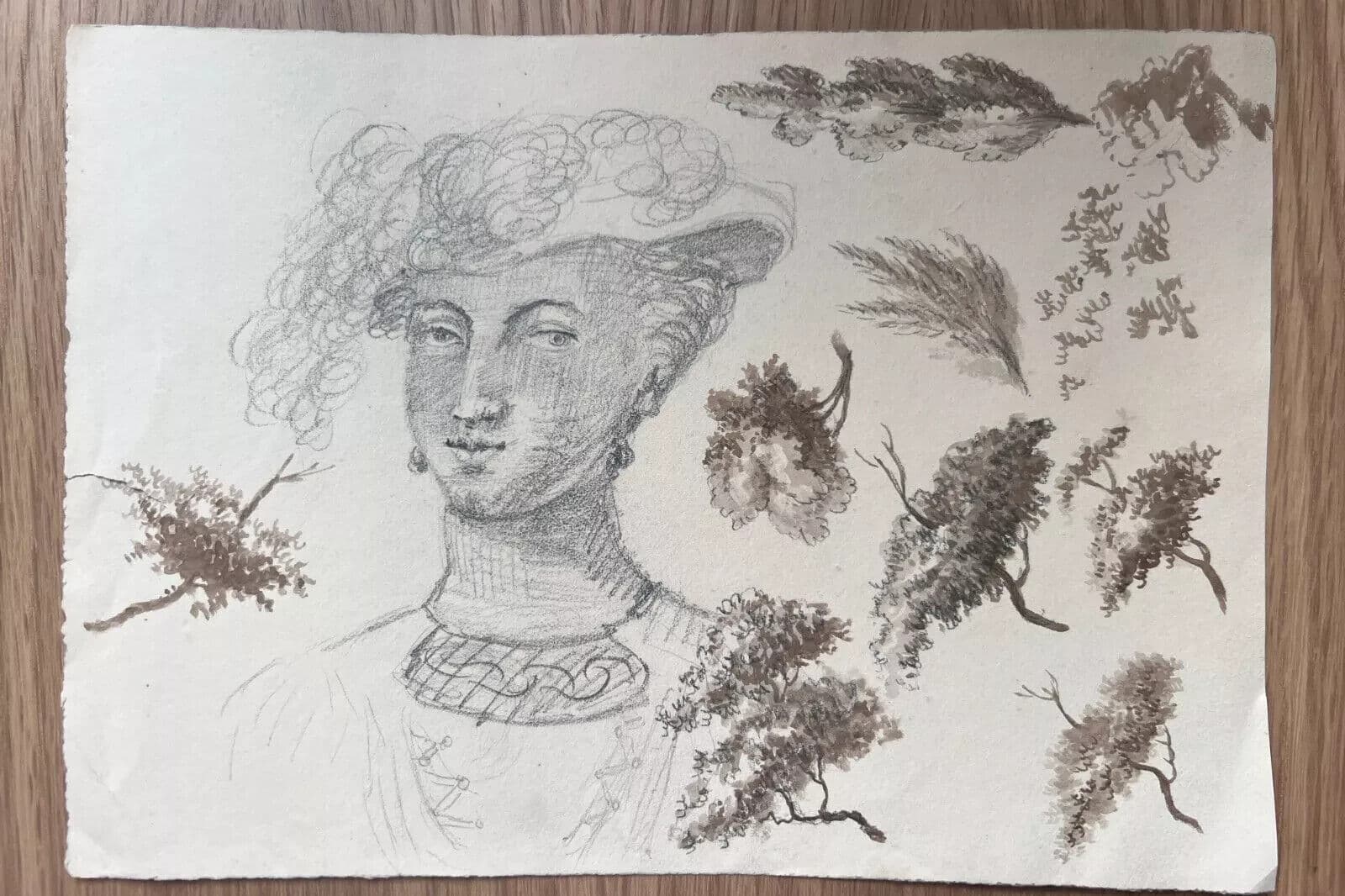 Antique Original Drawing Woman Portrait with Hat, Trees 19th century image 6
