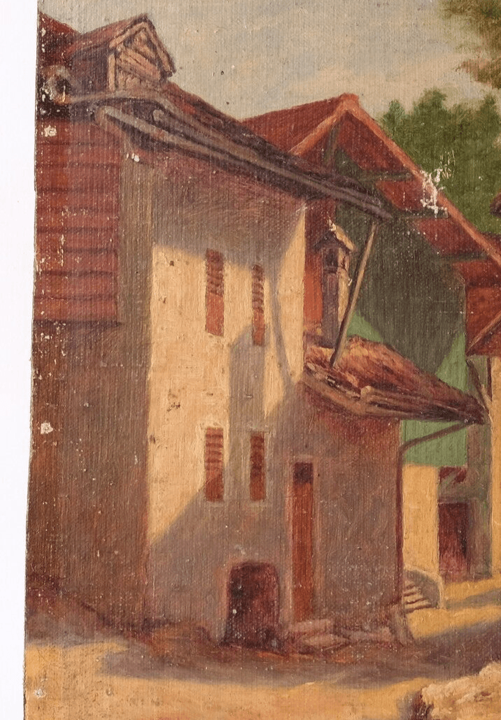 Antique Oil Painting on Canvas Landscape, Houses, Village signed image 3