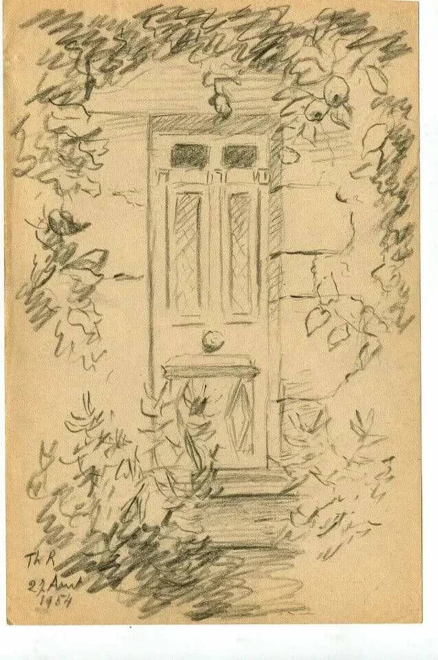 Vintage Pencil Drawing signed Door, House, Landscape, Architecture Architectural image 2