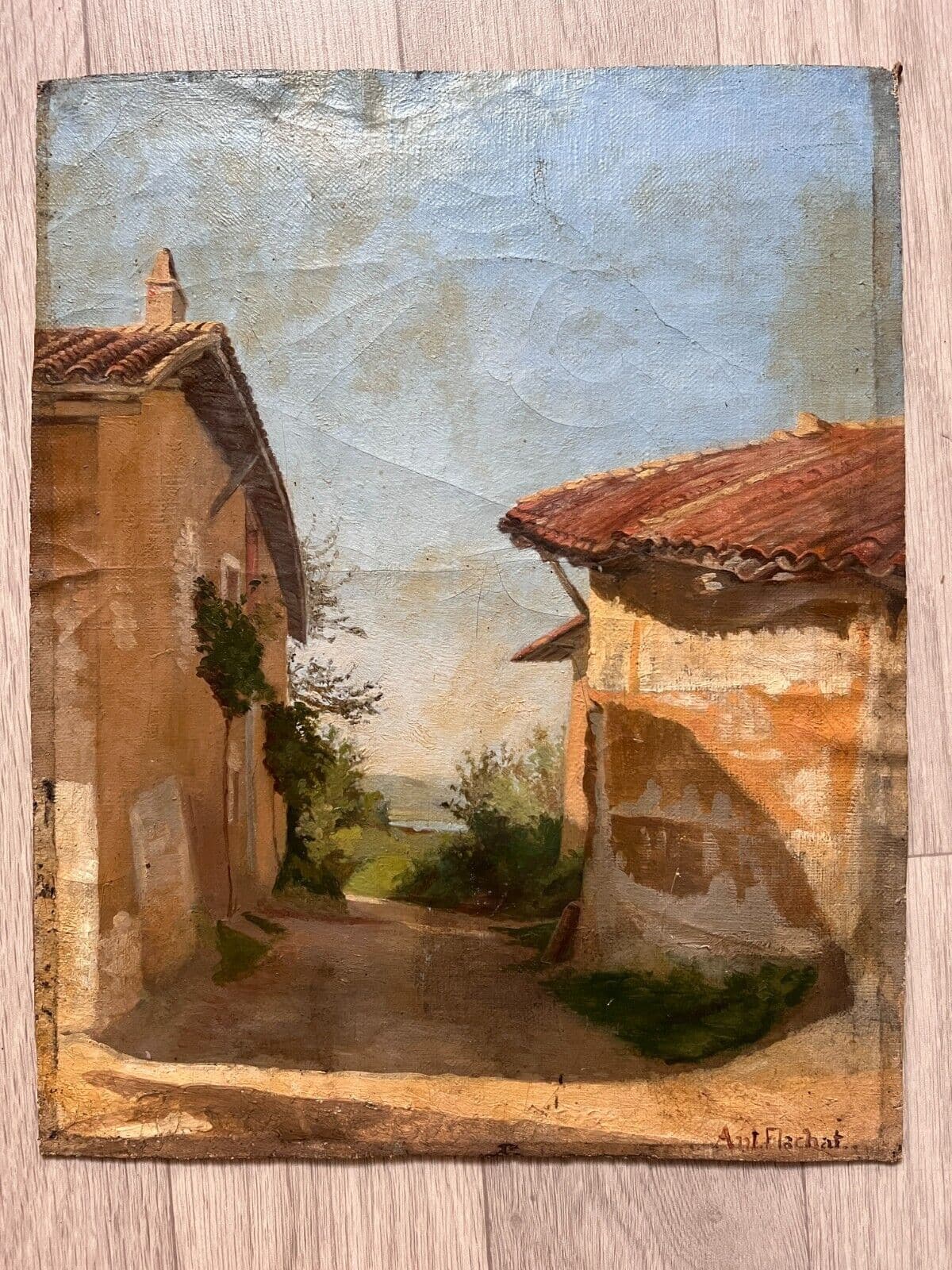 Antique Oil Painting Signed Antoine FLACHAT (XIX) House Landscape image 4
