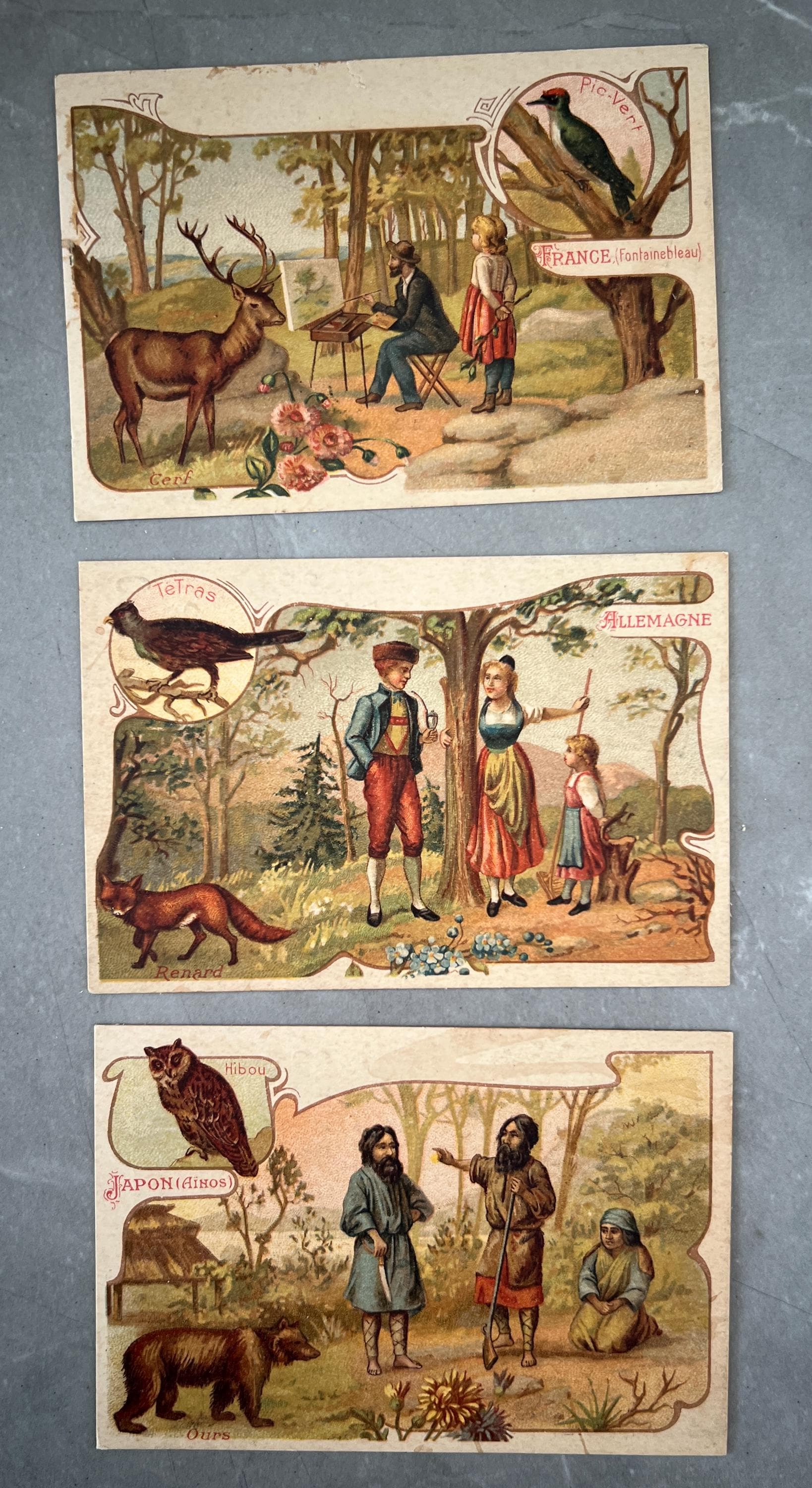 Set of 3 Antique Trade Cards - Illustrated Scenes from France, Germany, and image 1