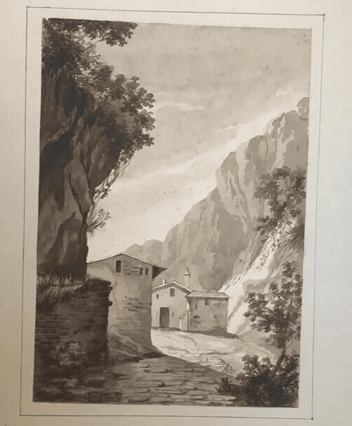 Antique Original Drawing 19th century Mountain Village Landscape image 2