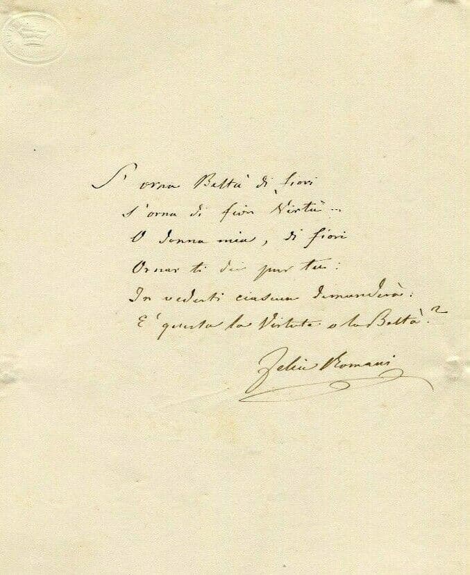 Antique Original Document Love Letter Original Felice Romani (1788-1865)