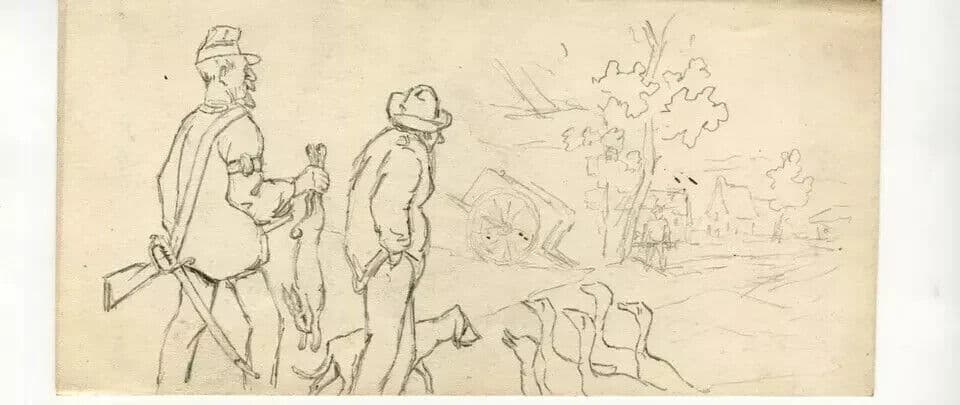 Vintage Original Pencil Drawing Men Hutting, People, Ducks, Rabbit Artwork image 4