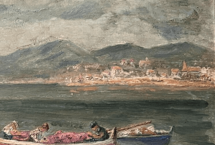 Antique Original Painting signed Eugene BOUCHE Seaview, Boat, People image 3