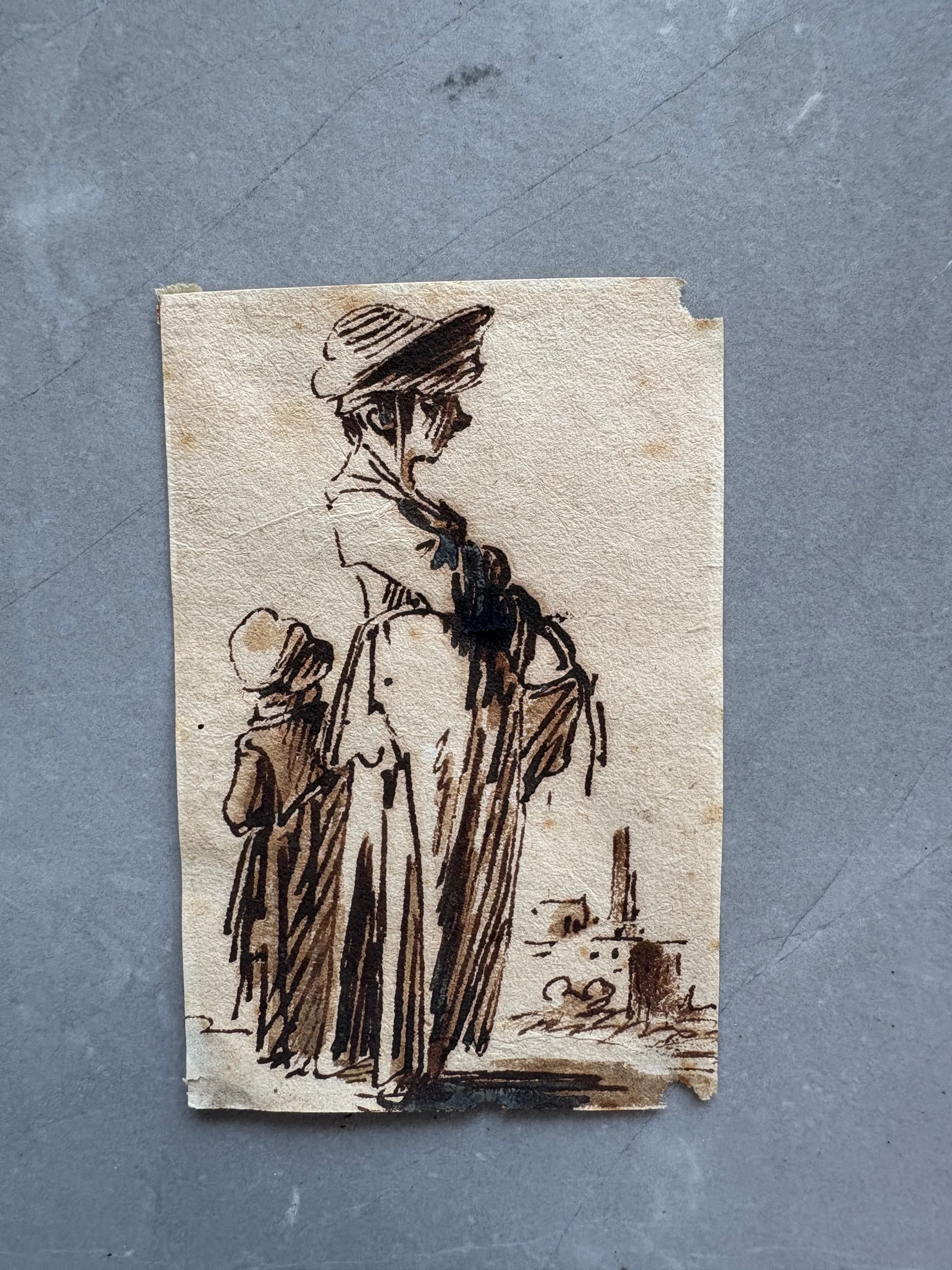 Antique Original Drawings Ink 19th century Woman Figures People image 1