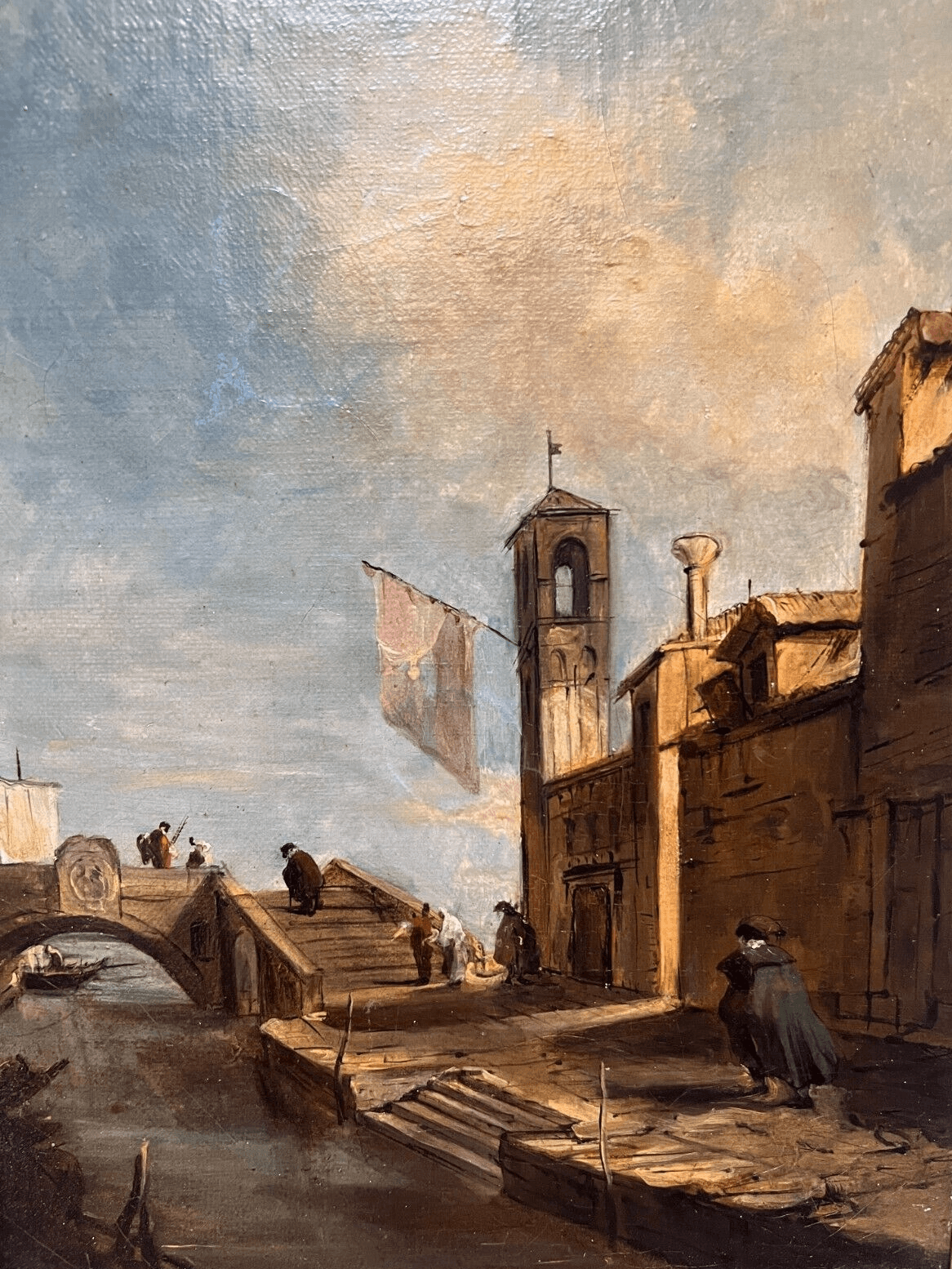 Antique Painting Original Cityview, Venice, Bridge Vecchio, People after Guardi