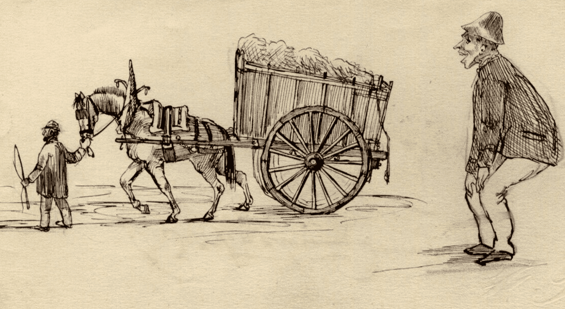 Antique Drawing Original People with Plow, Working Life, People, Horse image 1