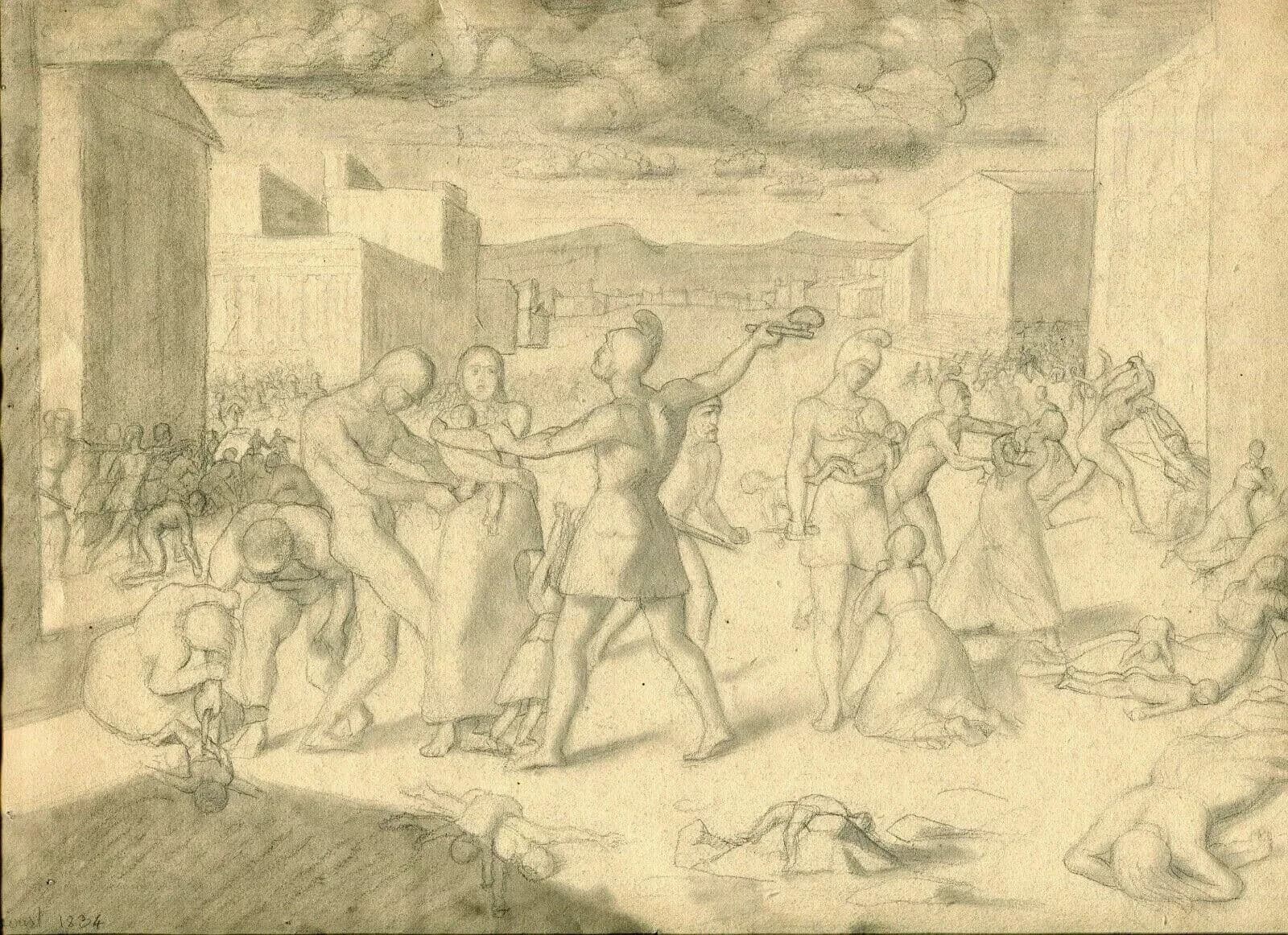 Antique Drawing 19th century Pencil Massacre of the Innocents 1834 Original