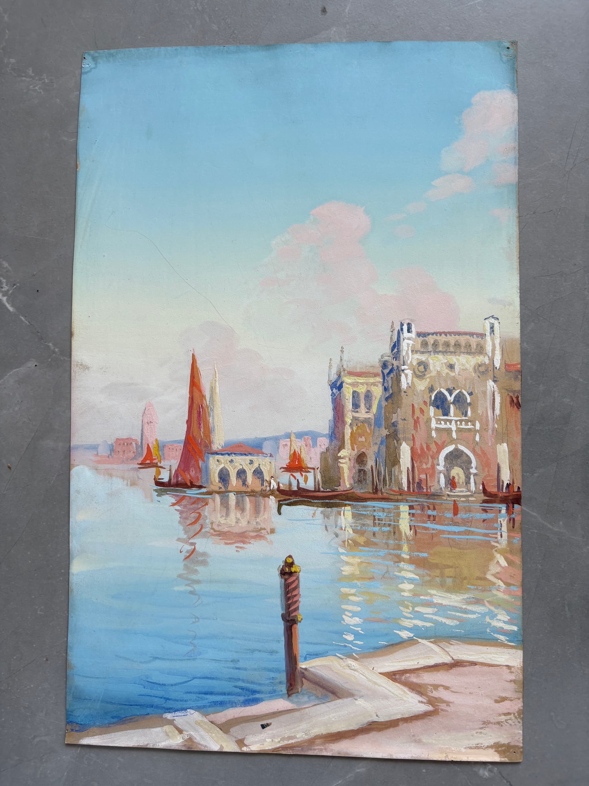Antique Oil Painting Venice Cityview Landscape Building, Canal, Boat Framed image 6