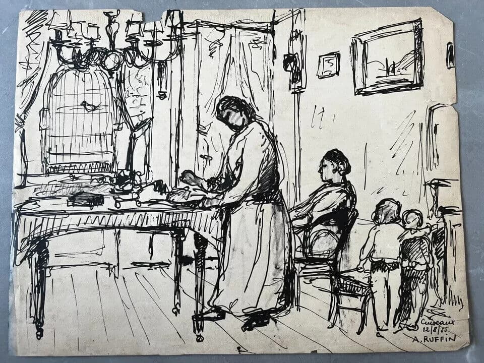 Original Antique Drawing André RUFFIN (1898-1981) Family Scene Artwork image 6