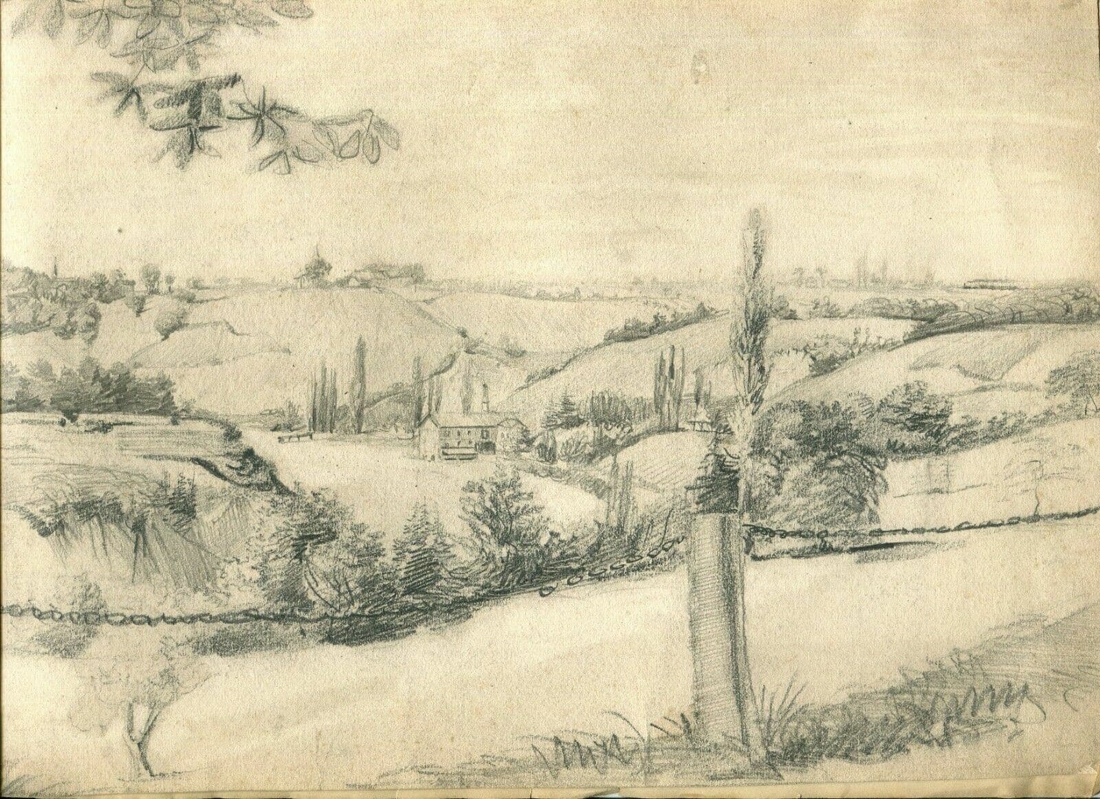 Antique Pencil Drawing Original Landscape Lignon, Geneva 1870 Artwork image 1