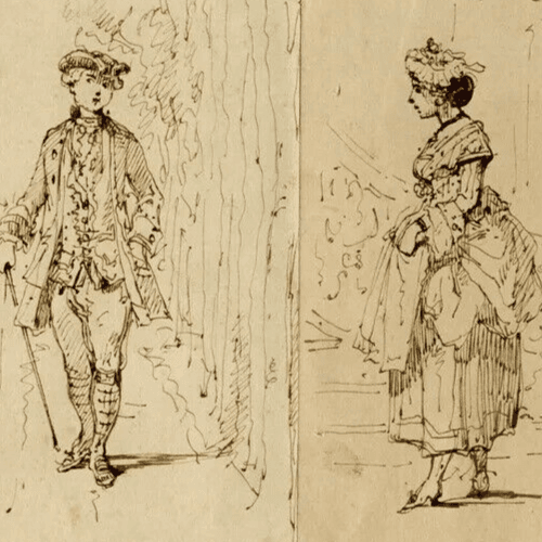 Antique Ink Original Drawing 19th century Portrait Man and Woman