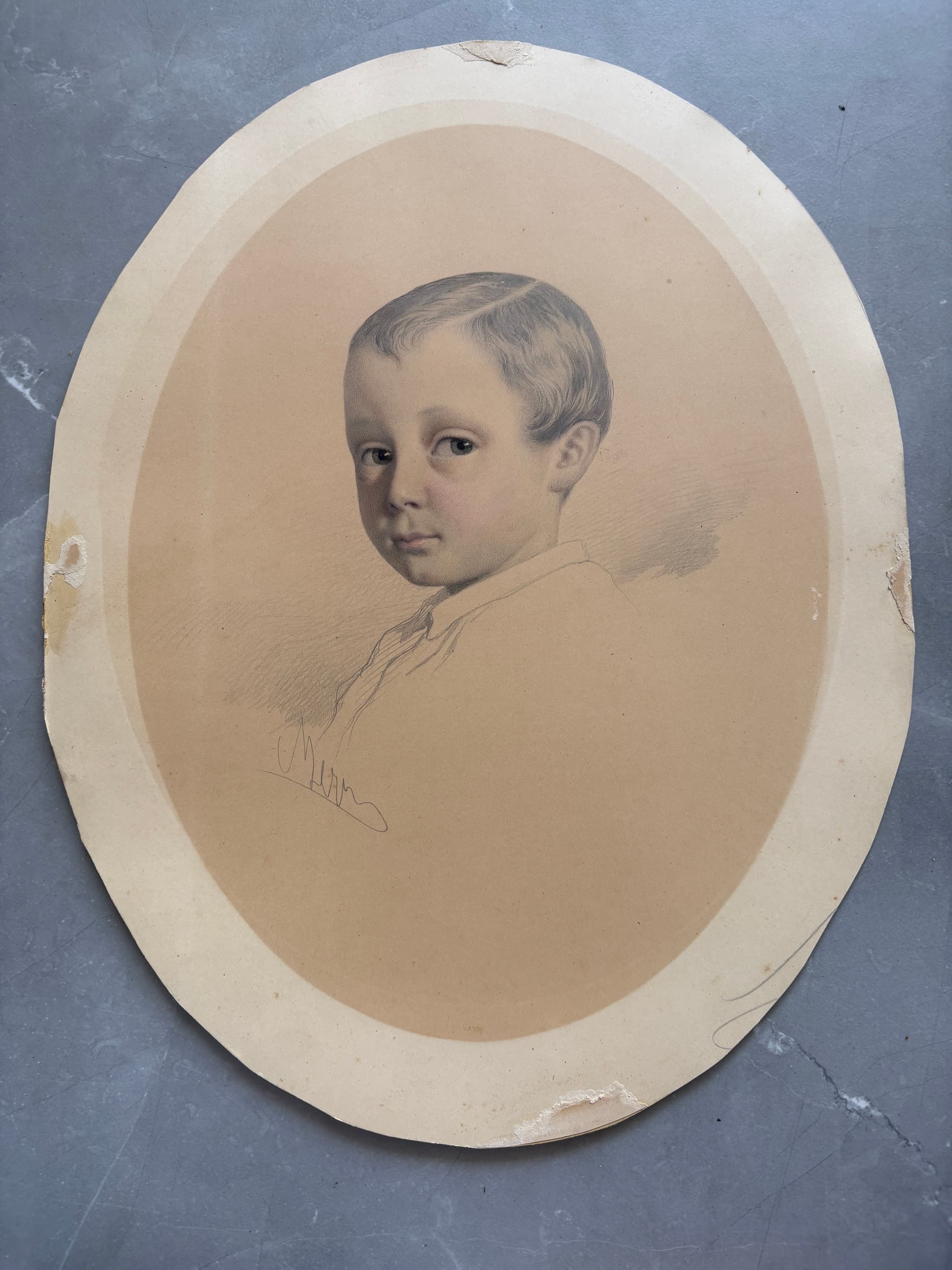 Antique Original Drawing signed Boy Portrait, Child 19th century image 1