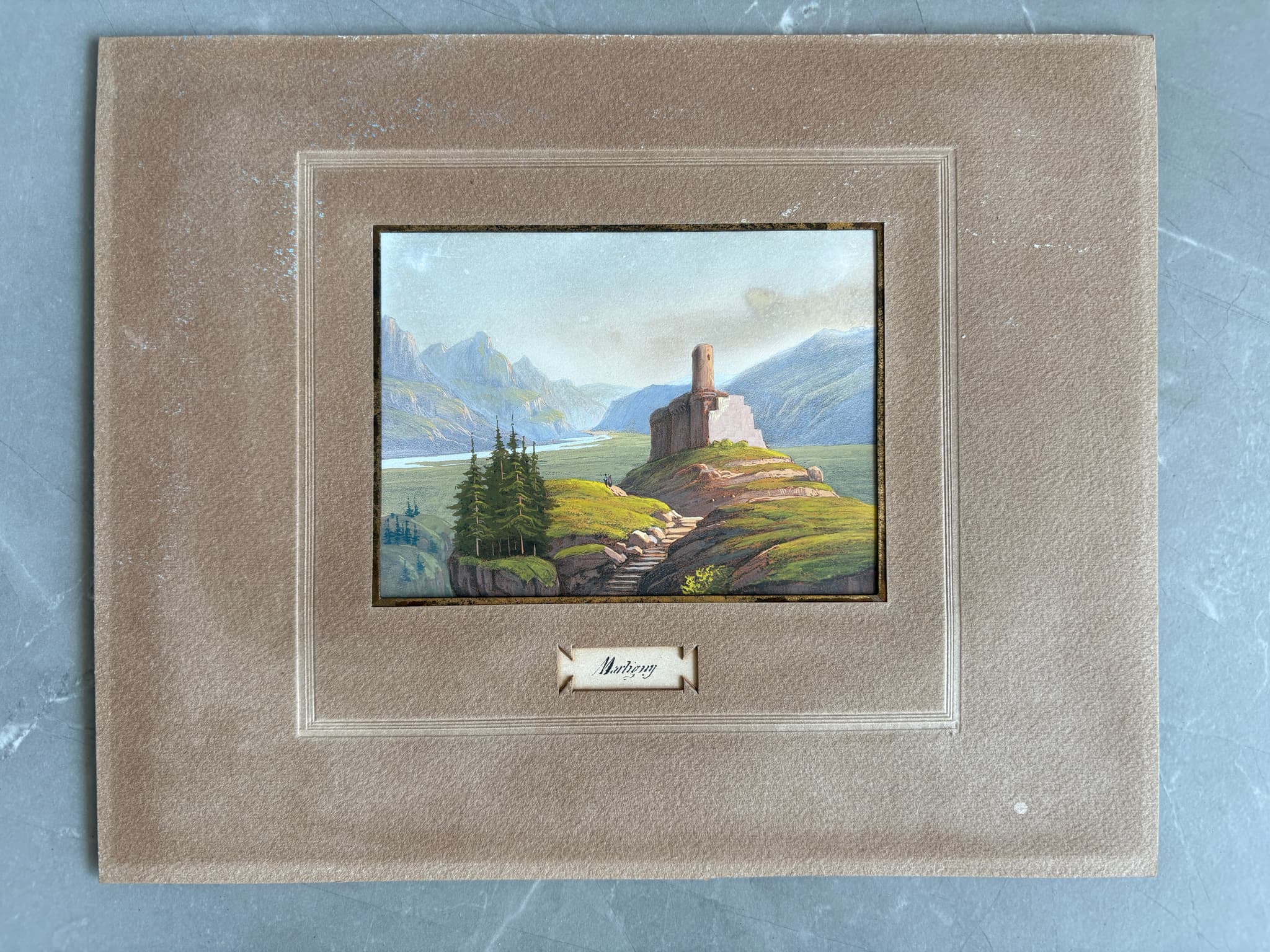 Antique Drawing Original Gouache 19th Century Mountain Landscape with Castle image 1