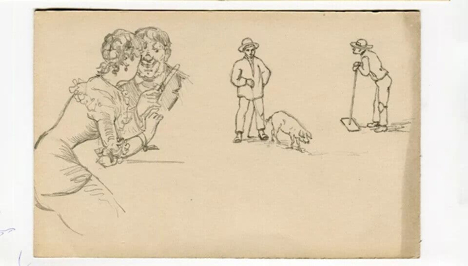 Vintage Pencil Original  Drawing Couple Portrait, Man with Pig image 5