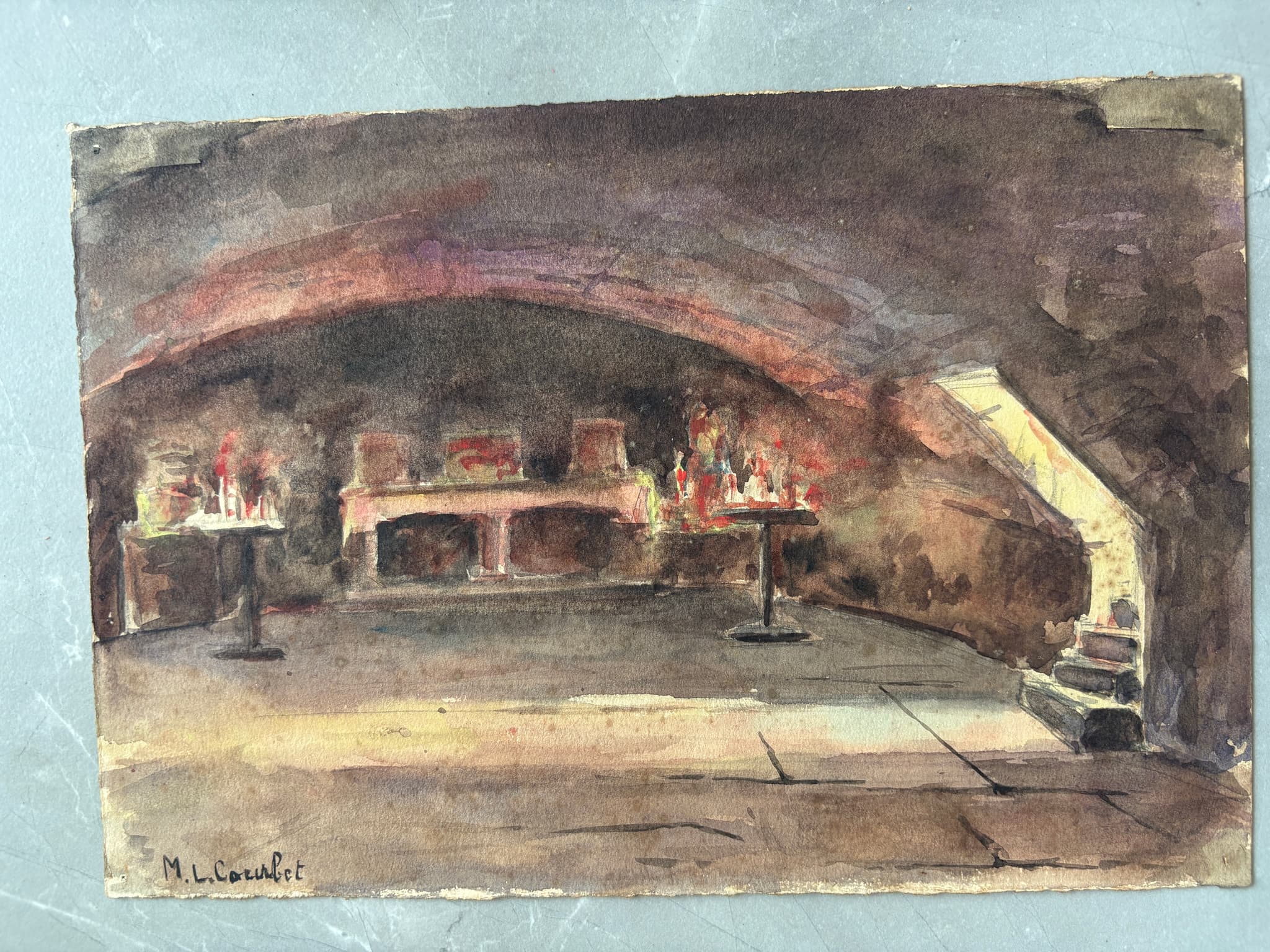 Antique Original Painting signed By the Fire, Underground Landscape image 4