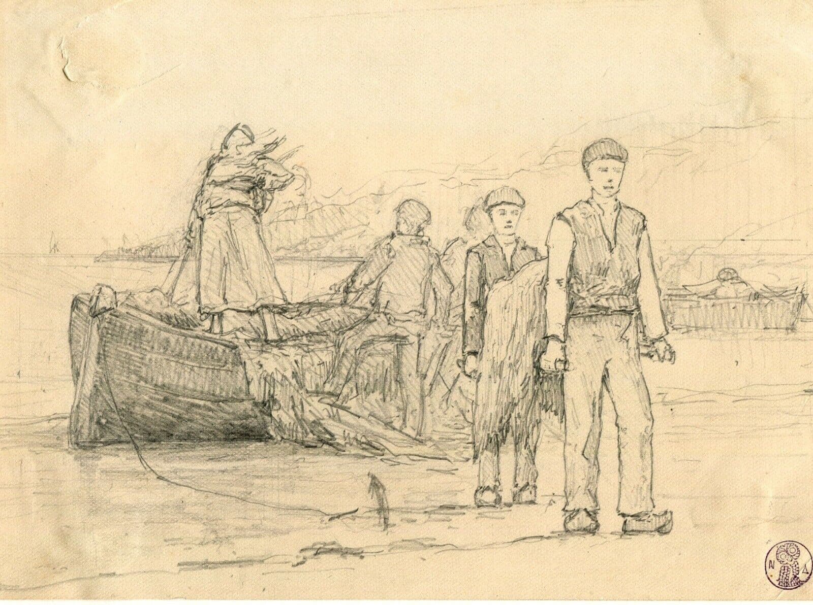 Vintage Pencil Drawing 19th century Maritime Figures and Boat, Dikeos Collection image 3