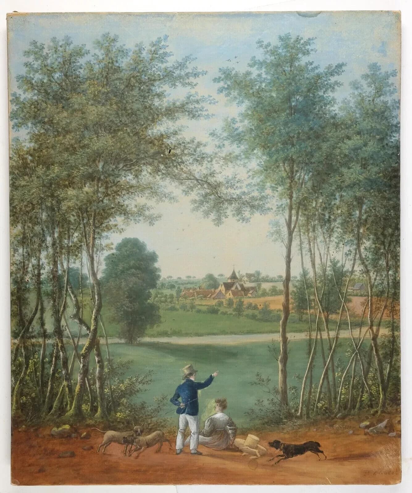 Antique Old Painting attrib Camille Pierre MORET (1803-1871) Couple with Dogs image 8