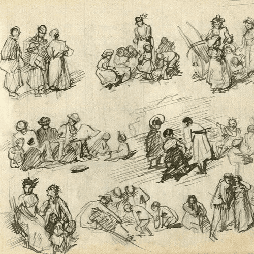 Vintage Ink Drawing Impressionist Family and Children Figures image 1