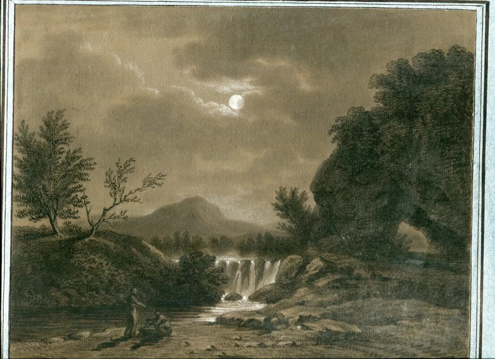 Antique Drawing 19th century Landscape by Night with Figures image 3