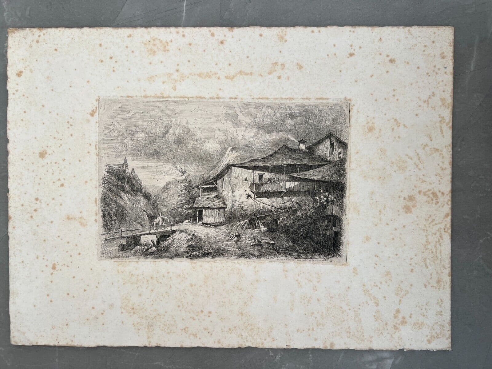 Antique Etching Original Landscape, Forges d'Allevard Dauphine, House, People image 6